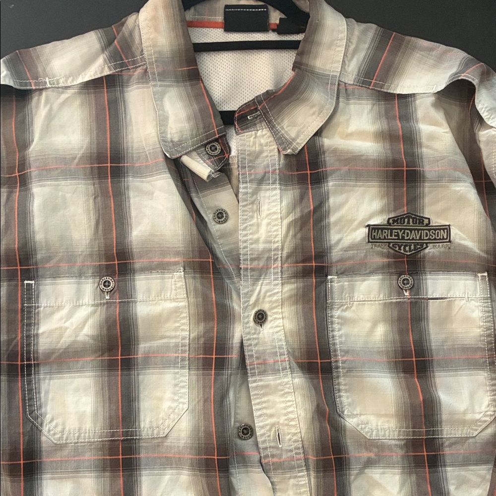 Harley-Davidson Gray, orange and Black Plaid Shirt with rear vent for riding.